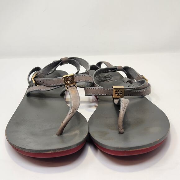 Tory Burch Women Gray Leather T Strap Thong Sandal Size 7.5M Gold Tone Logo - Picture 3 of 10
